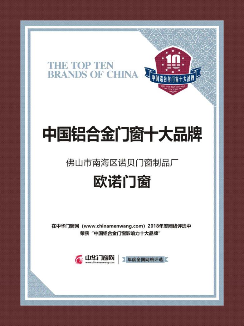 不负众望获得一等奖,欧诺门窗十大品牌排行榜