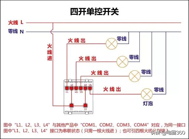 四个单双控控制四盏灯,单开多控开关接线方法